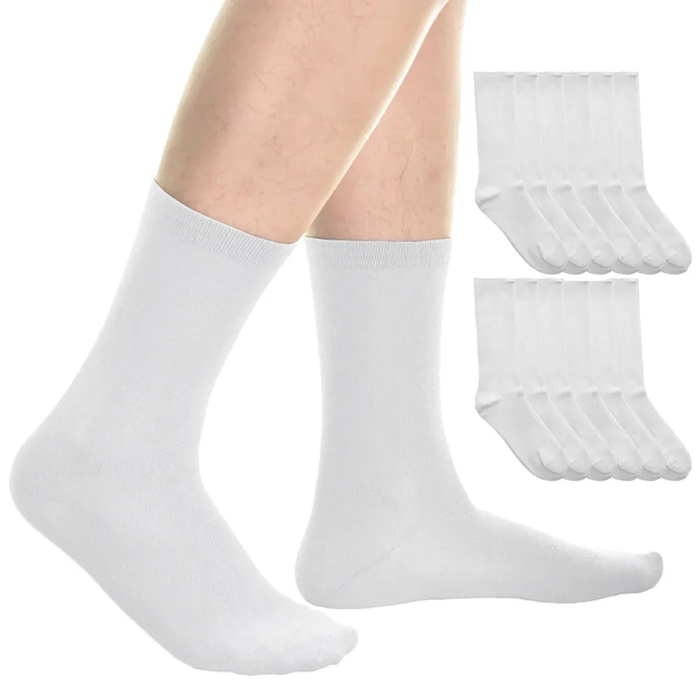 12 Pair Men White Cotton Dress Socks Classic Comfort Casual Crew Mid Calf 10-13